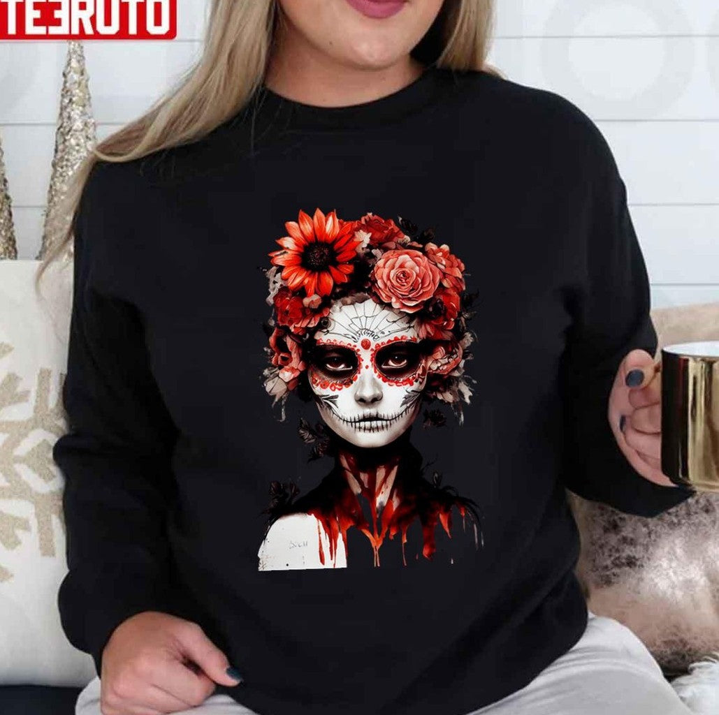 Red Catrina Day Of The Dead Flower Mexico Unisex T-shirt
