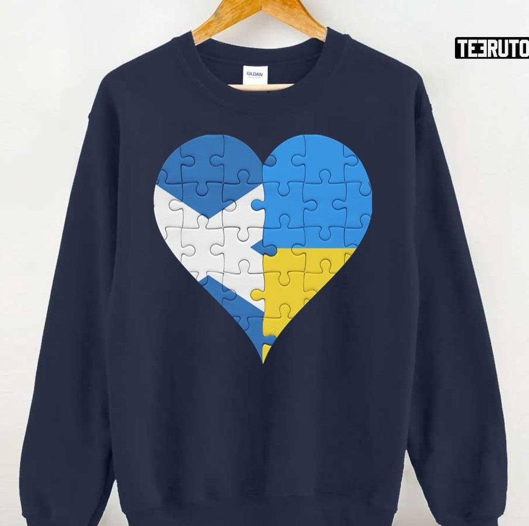 Scottish Ukrainian Flag United Heart Jigsaw Puzzle Scotland Ukrain Unisex T-Shirt