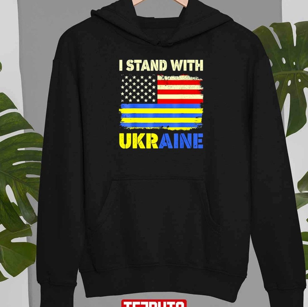 Premium I Stand With Ukraine Support Ukrainian American Flag Unisex T-Shirt