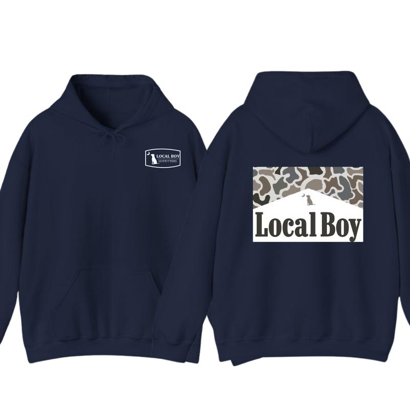Local Boy Outfitters Hoodie, Tshirt - Bold Logo with Camo Pattern Graphic , Perfect for Outdoor and Casual Wear, unisex