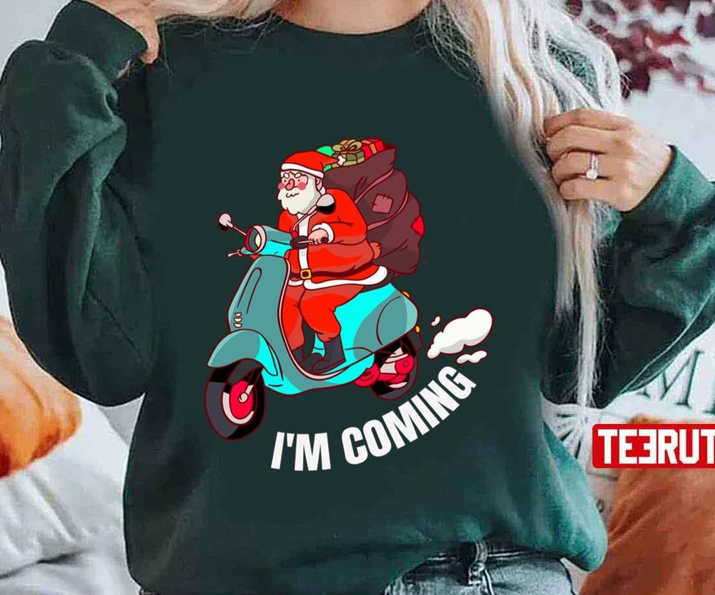 Santa Claus Arrives On A Scooter Christmas Party S Funny Unisex Sweatshirt