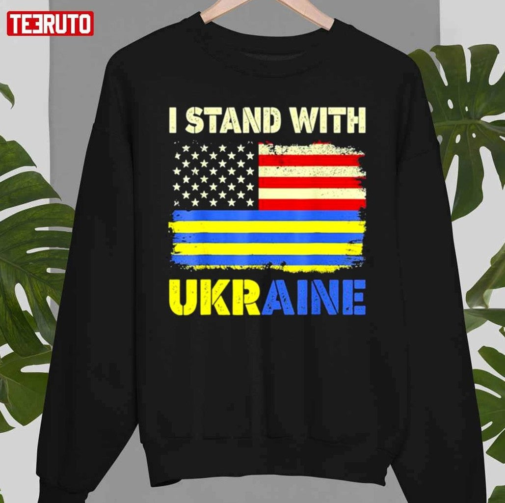Premium I Stand With Ukraine Support Ukrainian American Flag Unisex T-Shirt