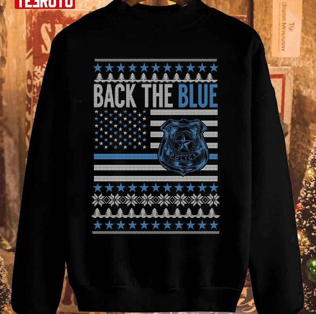 Back The Blue Police Officer Usa Blue Line Flag Ugly Christmas Unisex Sweatshirt