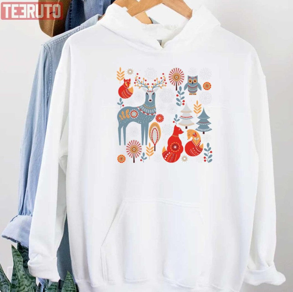 Scandinavian Christmas Pattern Deer Owls Foxes Trees Unisex Sweatshirt