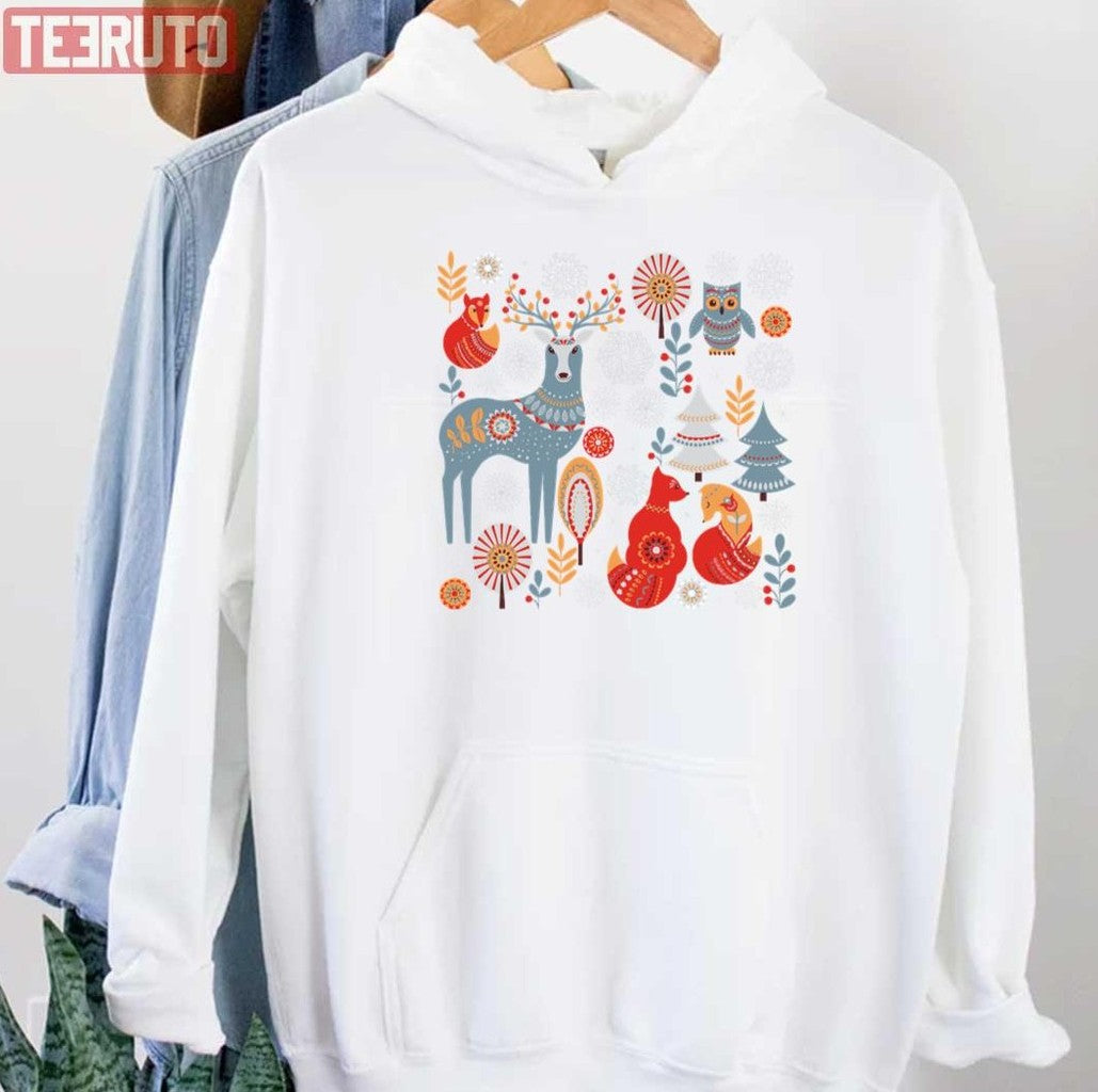 Scandinavian Christmas Pattern Deer Owls Foxes Trees Unisex Sweatshirt