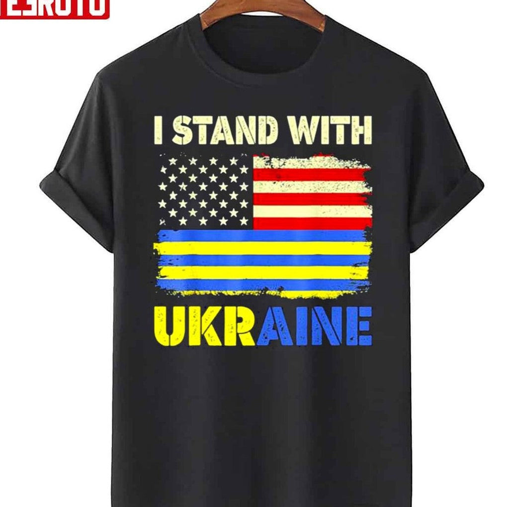 Premium I Stand With Ukraine Support Ukrainian American Flag Unisex T-Shirt