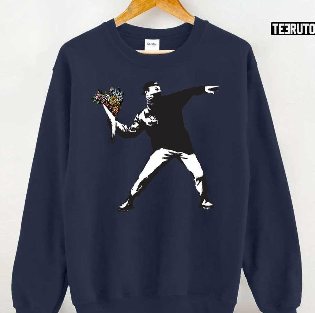 Banksy Graffiti Protest Anarchist Throwing Flowers Art Unisex Sweatshirt
