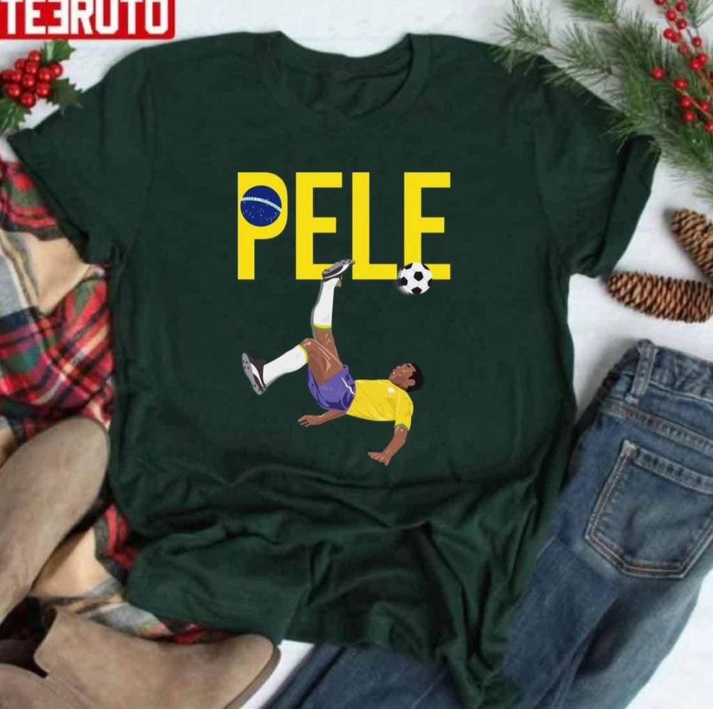 Bicycle Kick Pele Soccer Football Brazil Globe Flag Yellow Text Unisex T-Shirt