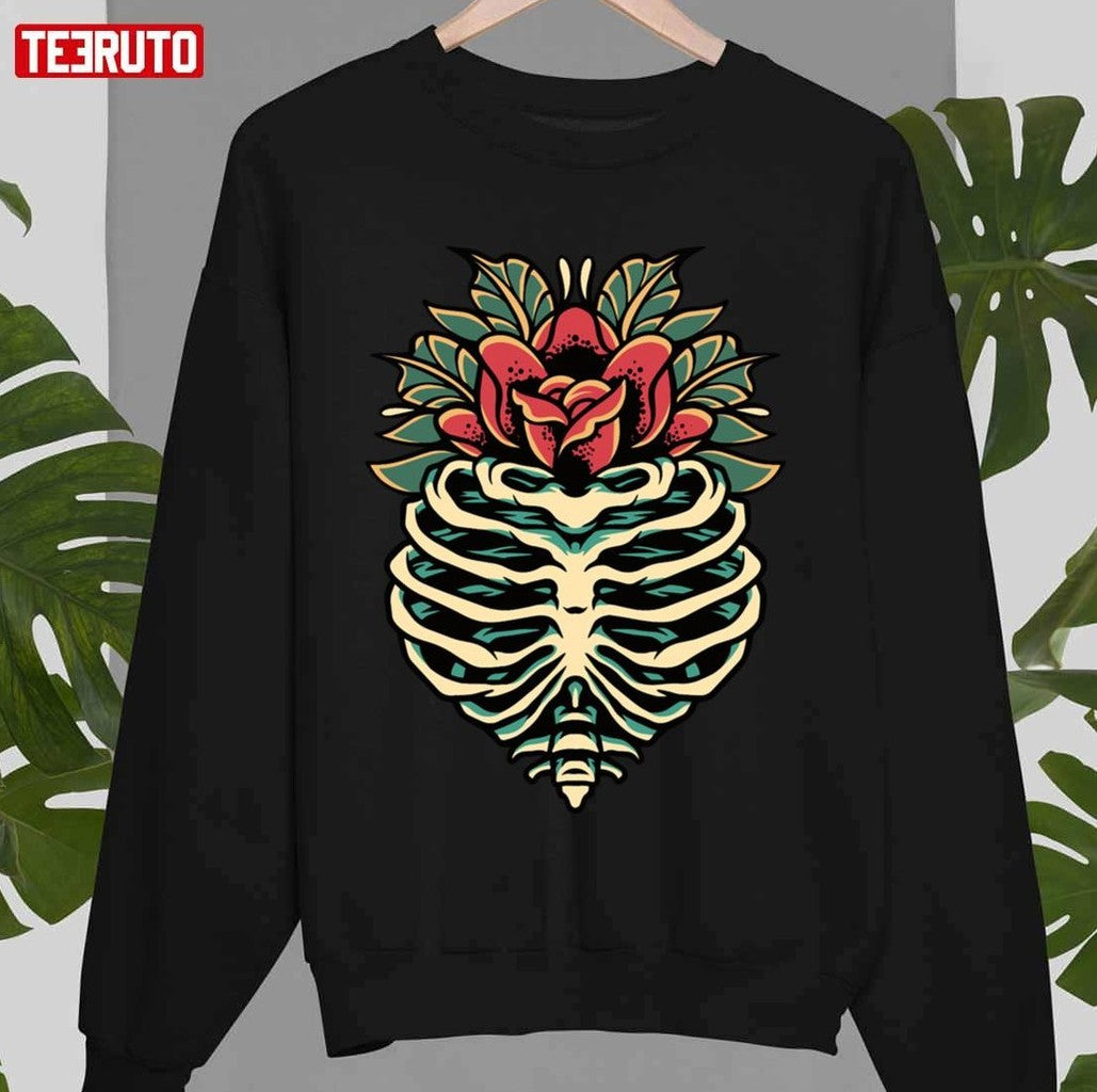Rib Skull Flower Illustration Oldschool Unisex Sweatshirt