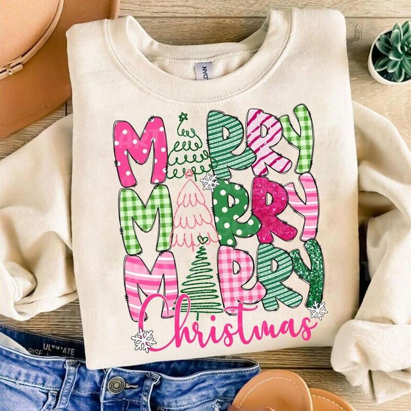 Merry Christmas Pink Xmas Sweatshirt, Christmas Coquette Bow, Christmas Shirt, Merry and Bright Tee