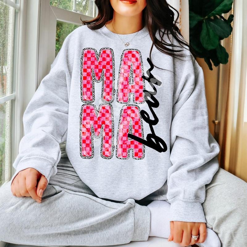 Checkered Mama Bear Sweatshirt - Ash Grey - Sublimation - Valentineâ€™s Day - Unisex Jersey Sweatshirt