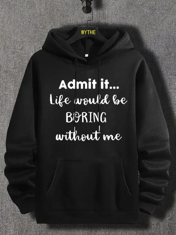 Unisex Men's Letter Print Drawstring Essentials Hoodie, Long Sleeve Casual Sweatshirt, Fall & Winter Clothing for Daily Men's FashionÂ 