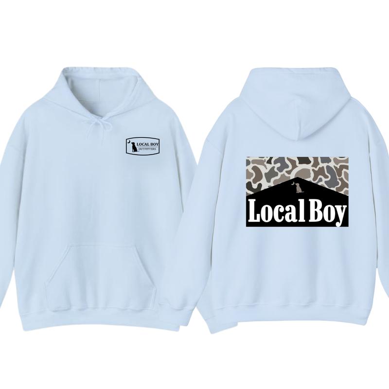 Local Boy Outfitters Hoodie, Tshirt - Bold Logo with Camo Pattern Graphic , Perfect for Outdoor and Casual Wear, unisex