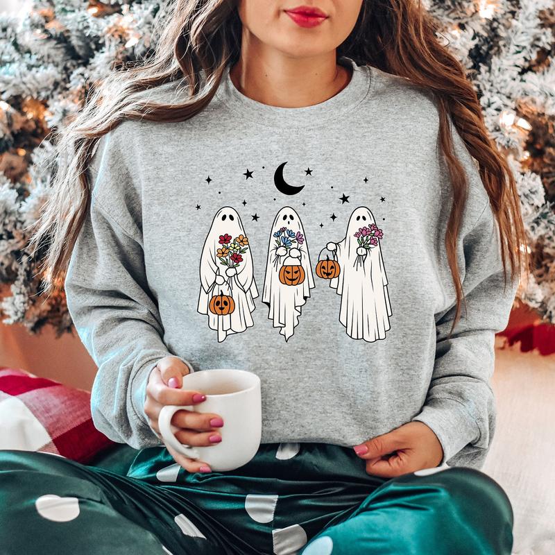 Floral Ghost Sweatshirt Hoodie T-shirt, Halloween Ghost Sweater, Floral Ghost Shirt, Retro Spooky Season, Gift For Halloween