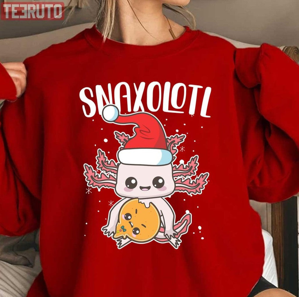 Snaxolotl Christmas Axolotl Eating A Gingerbread Cute Chibi Kawaii Christmas Unisex Sweatshirt