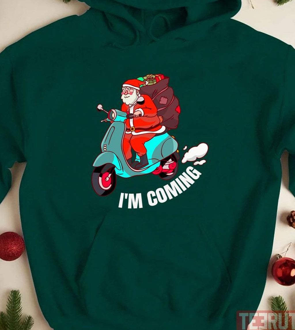 Santa Claus Arrives On A Scooter Christmas Party S Funny Unisex Sweatshirt