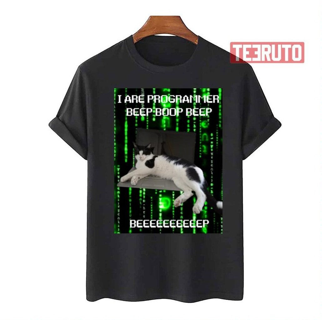 Programmer Cat Beep Boop Coding Green Unisex T-Shirt