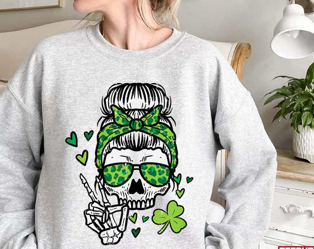 Skull Messy Bun Saint Pattys Paddys Unisex Sweatshirt