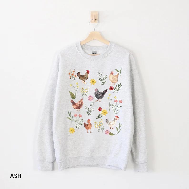 Wildflower Chicken Sweatshirt, Ladies Chicken Sweater, Chicken Shirt, Chicken Lover Shirt, Chicken Mom Sweatshirt Cottagecore Farm Girl Gift