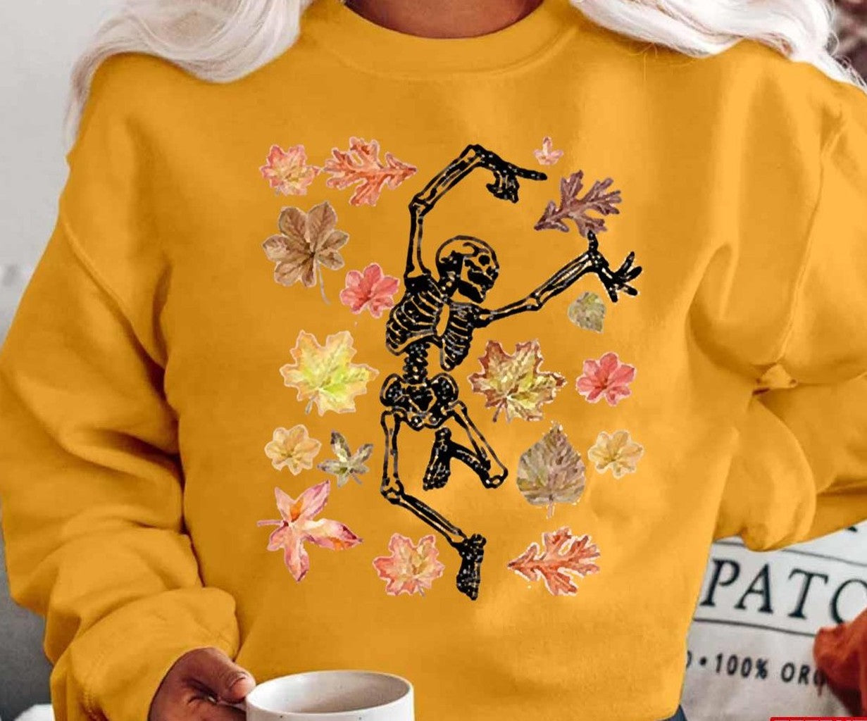 Skeleton Dancing With Autumn Leaves Autumn Lover Fall Vibes Fall Skeleton Unisex T-Shirt