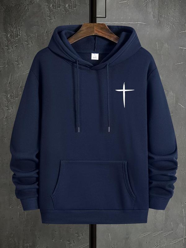 Men's Cross Print Hoodie, Casual Regular Fit Kangaroo Pocket Sweatshirt for Fall & Winter, Men's Daily Wear ClothingÂ 