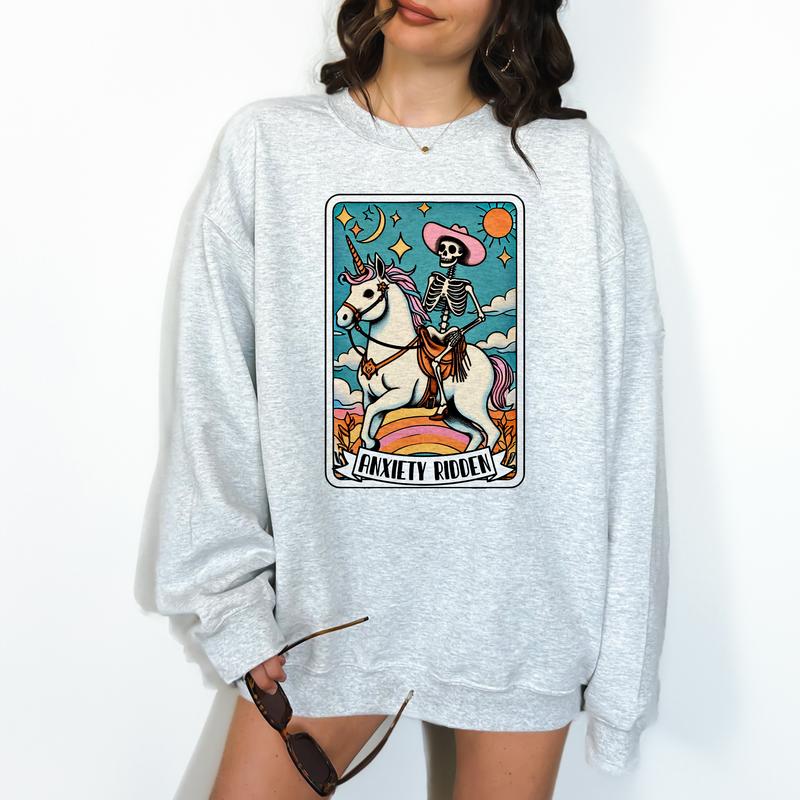 Anxiety Ridden - Unisex Crewneck Sweatshirt - Print is Sublimation, Funny Tee, Funny Apparel, Gift Idea, Relaxed Fit, Casual Apparel