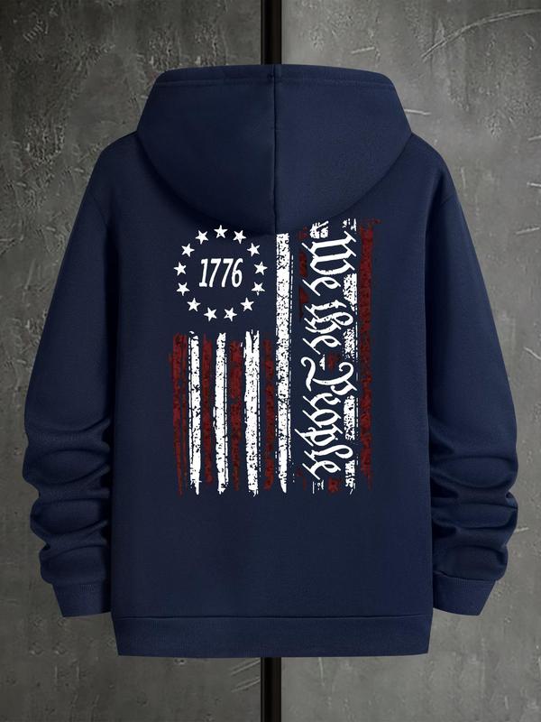 Men's Letter & Flag Print Thermal Hoodie, Drawstring Sweatshirt Casual for Fall & Winter, Regular Fit Men's OuterwearÂ 