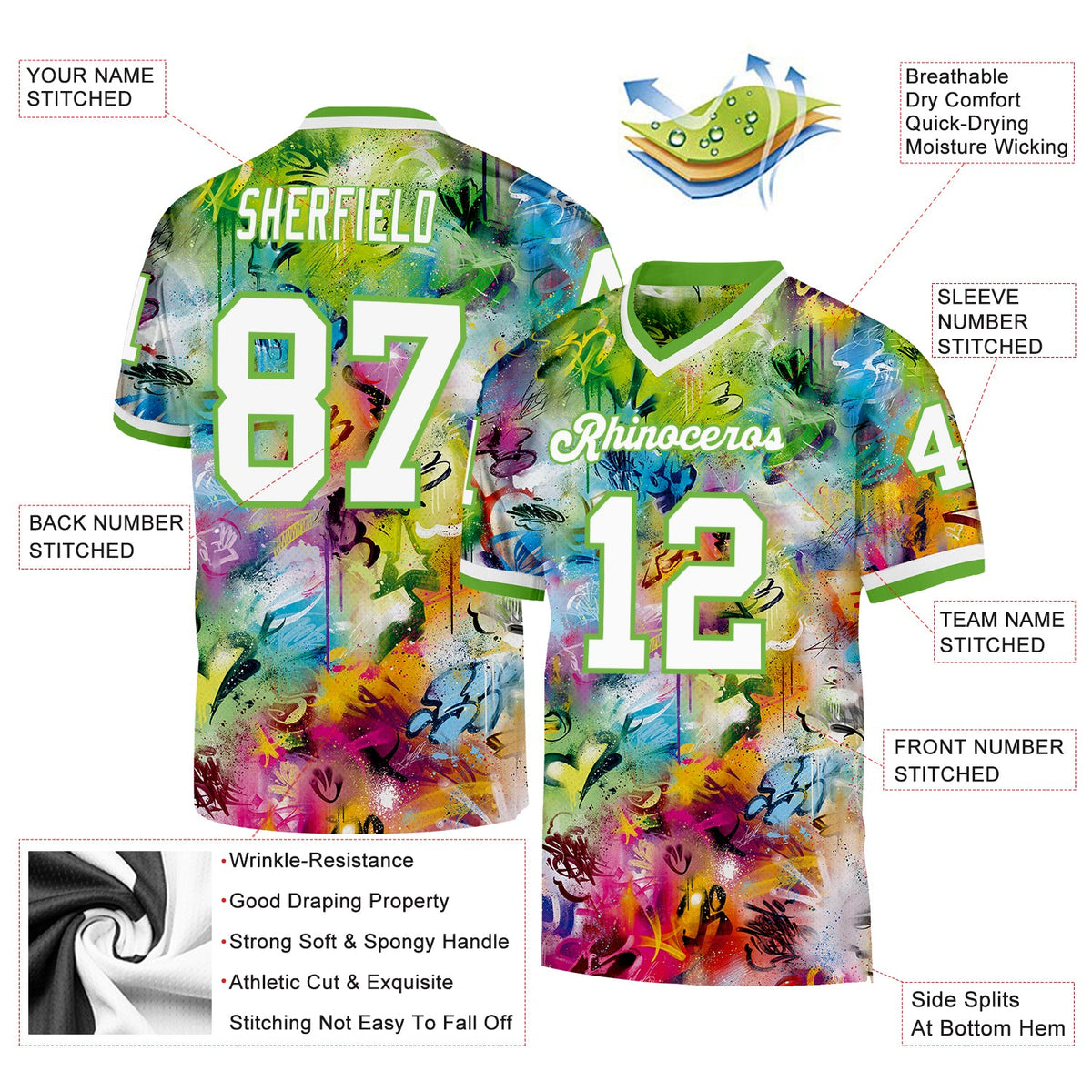 Custom Graffiti Pattern White-Neon Green 3D Authentic Throwback Football Jersey