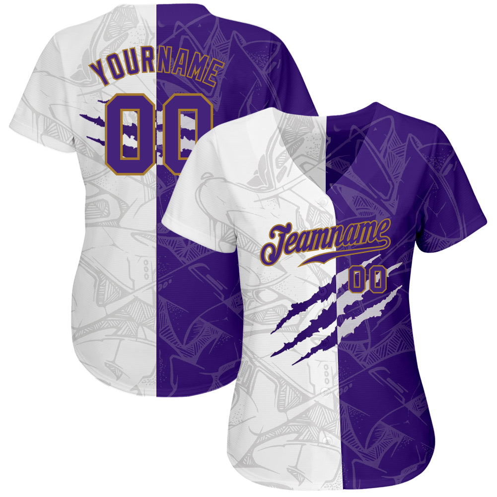 Custom Graffiti Pattern Purple-Old Gold 3D Authentic Baseball Jersey