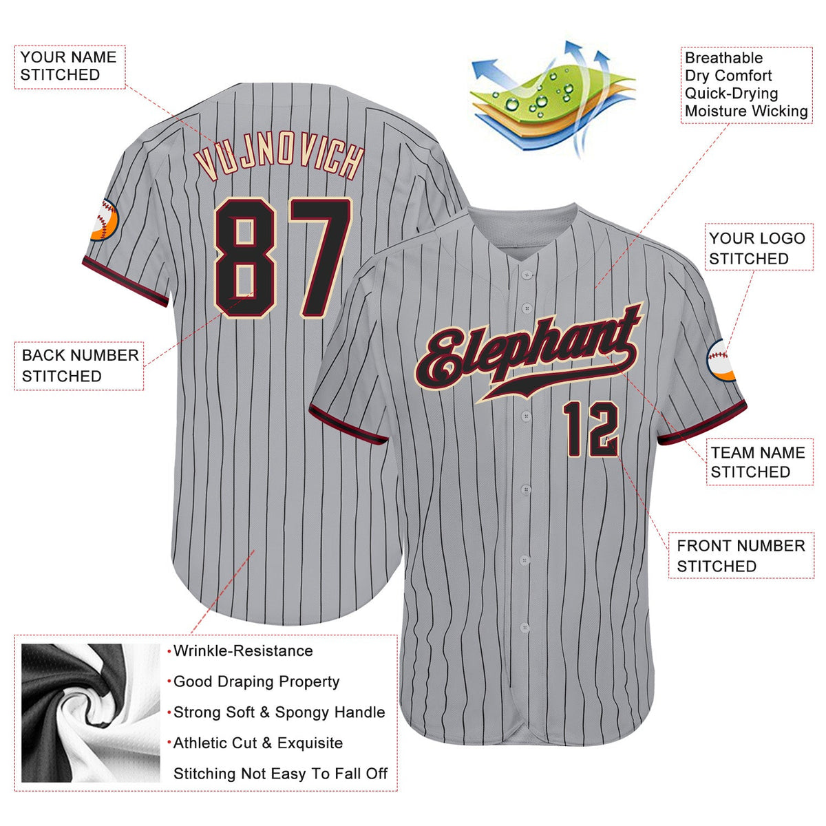 Custom Gray Black Pinstripe Black-Crimson Authentic Baseball Jersey