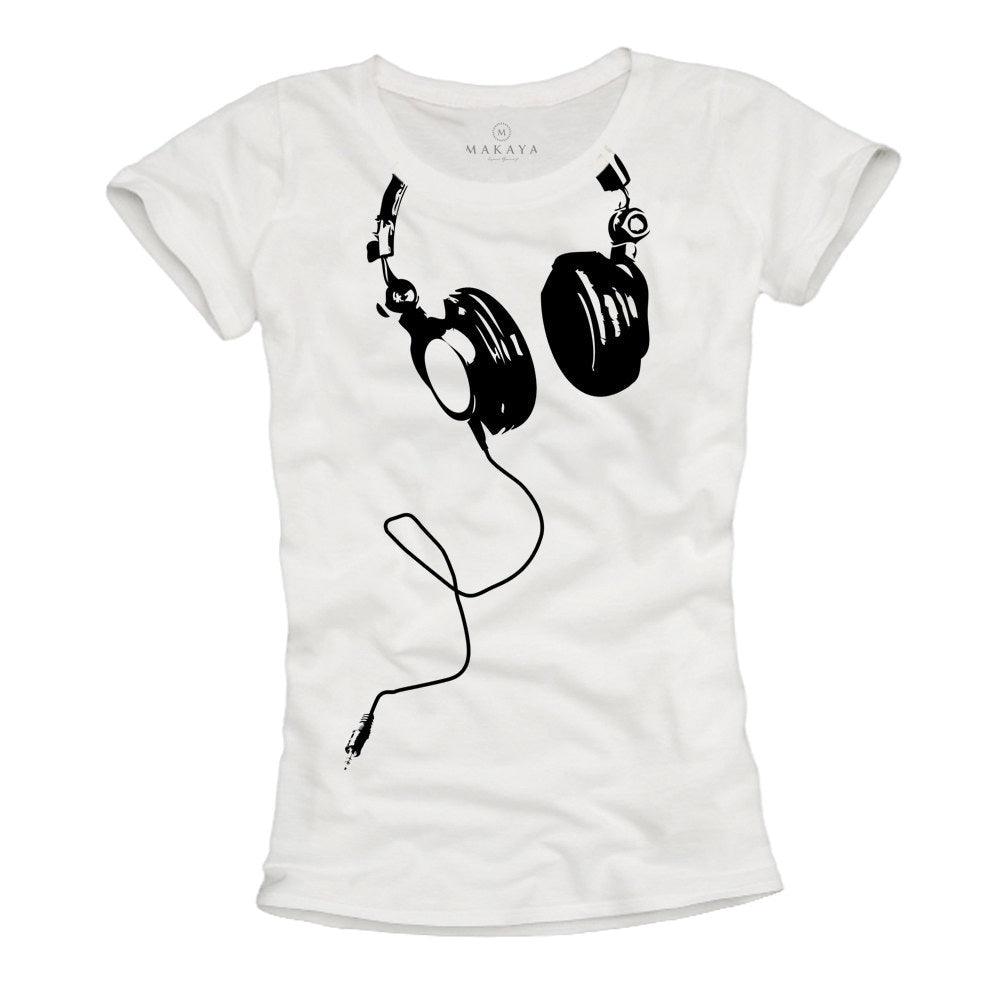 Womens Music Top Headphones Tshirt black / white print Dj Vinyl elektro house hip hop S/M/L