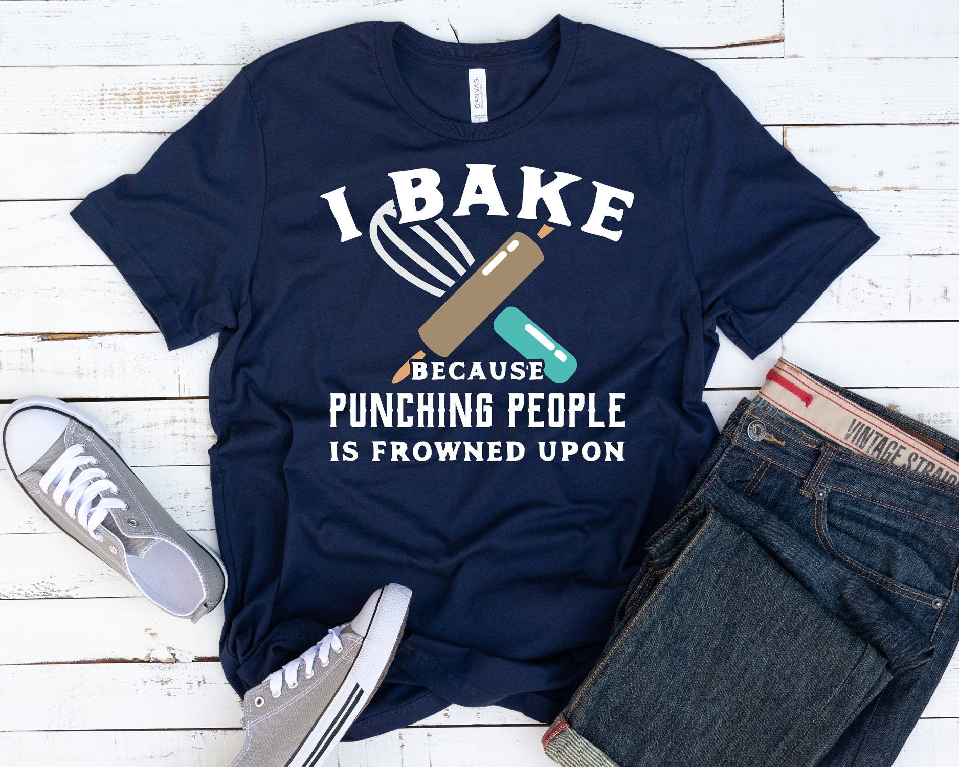 Funny Baking T Shirt I Bake Because Punching People Frowned Upon Short-Sleeve Unisex T-Shirt
