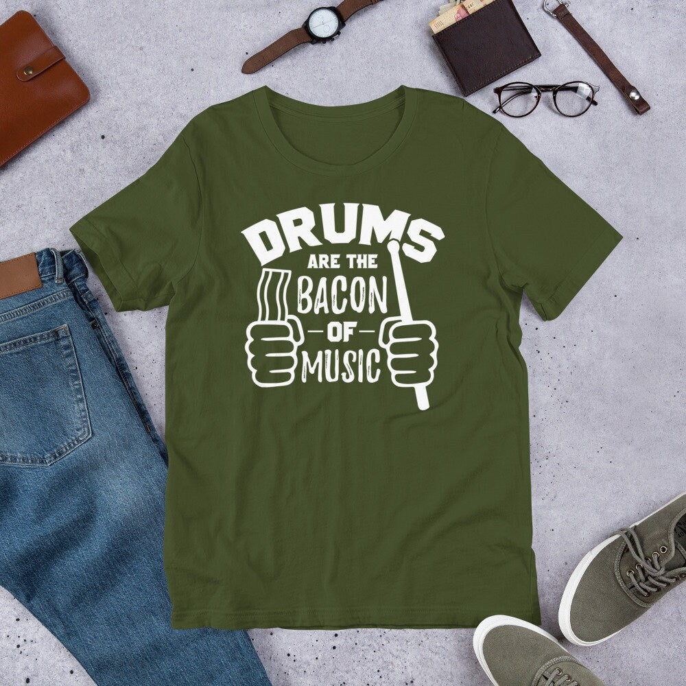 Funny Drummer T Shirt Drums Are Bacon of Music Tee