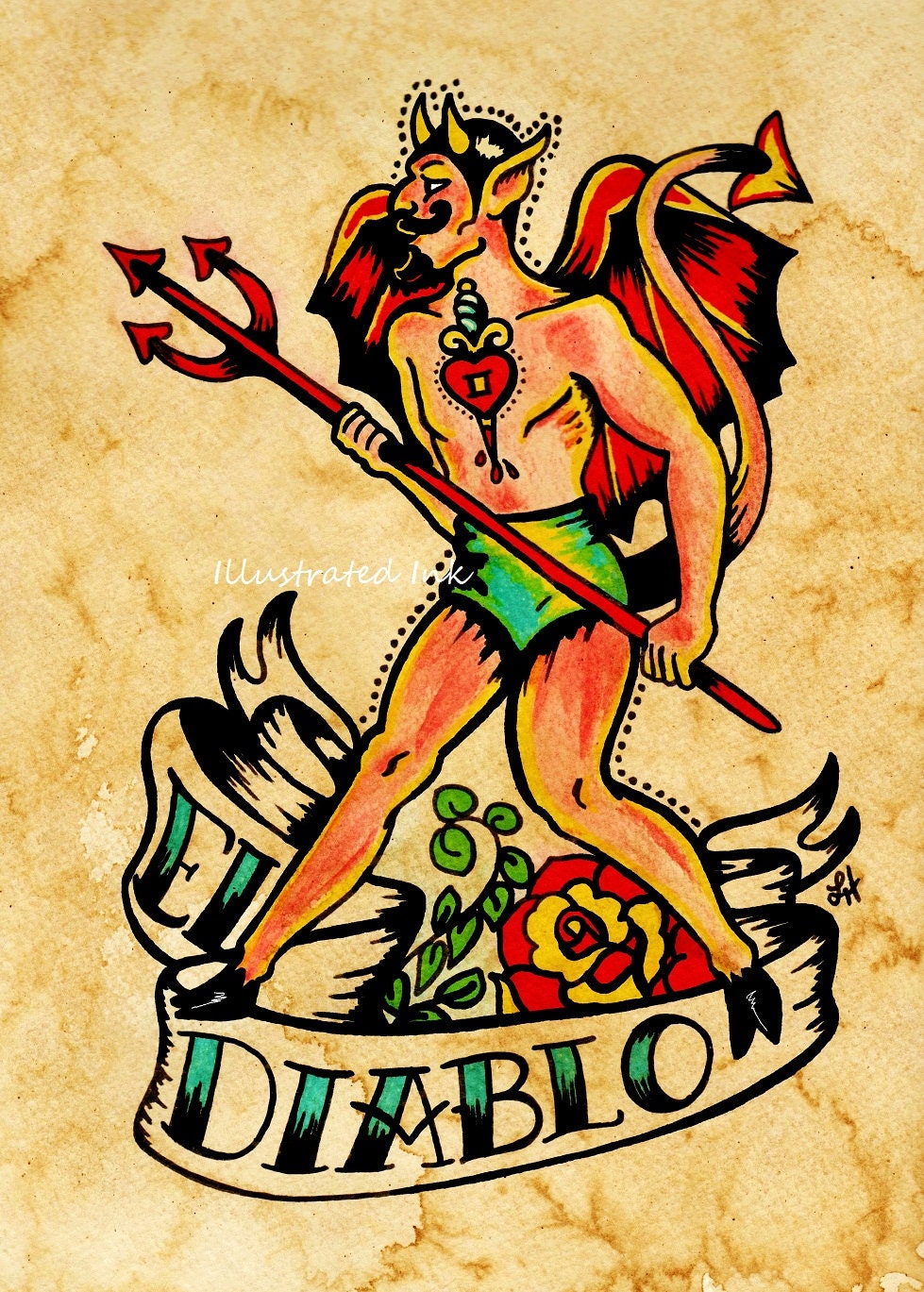 Old School Tattoo Devil Art El DIABLO Loteria Print 5 x 7, 8 x 10 or 11 x 14