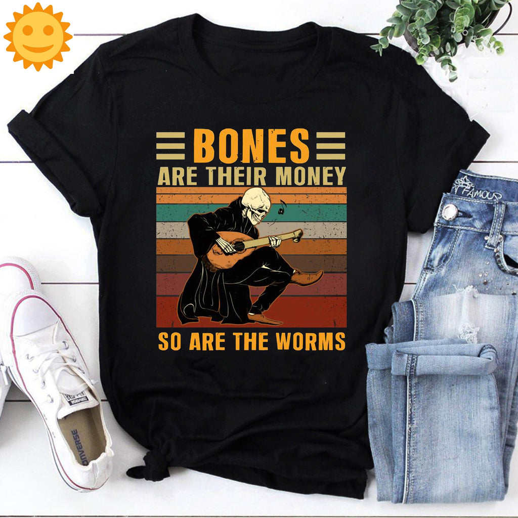 Bones Are Their Money So Are The Worms Vintage T-Shirt, Halloween Shirt, Skeleton Shirt, Guitar Shirt, Guitar Lovers Shirt
