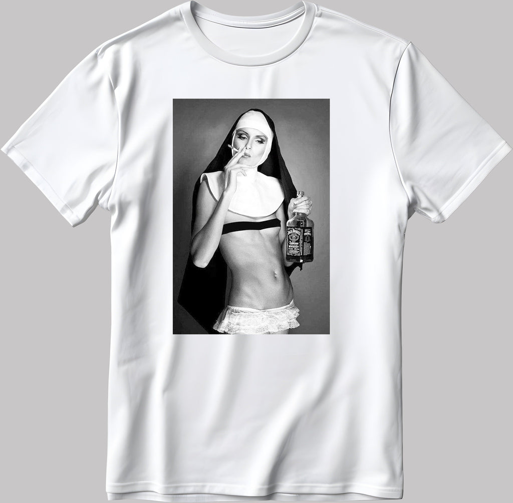 Sexy Smoking Nun Short Sleeve White-Black Men's / Women's T Shirt D393