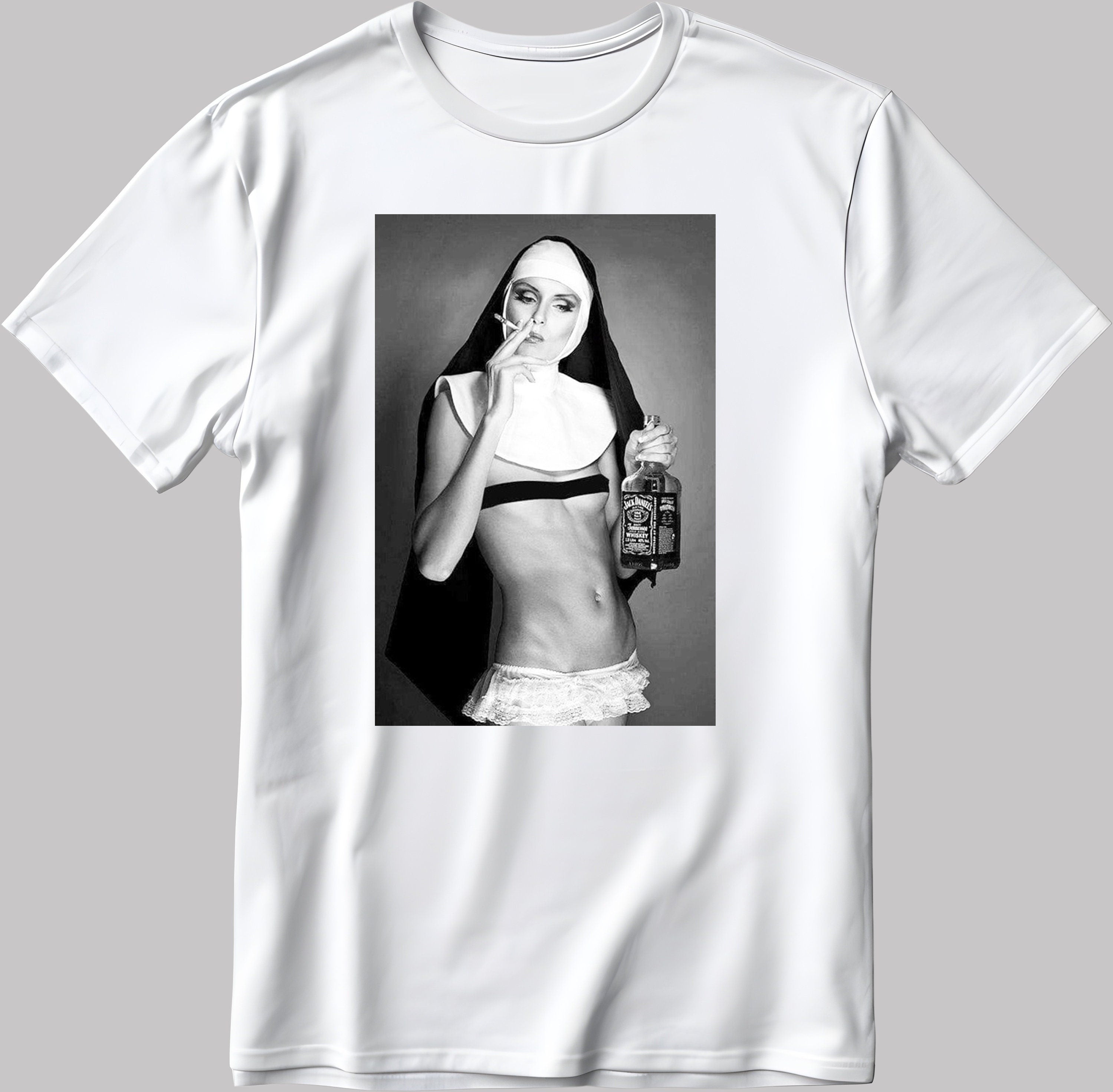 Sexy Smoking Nun Short Sleeve White-Black Men's / Women's T Shirt D393