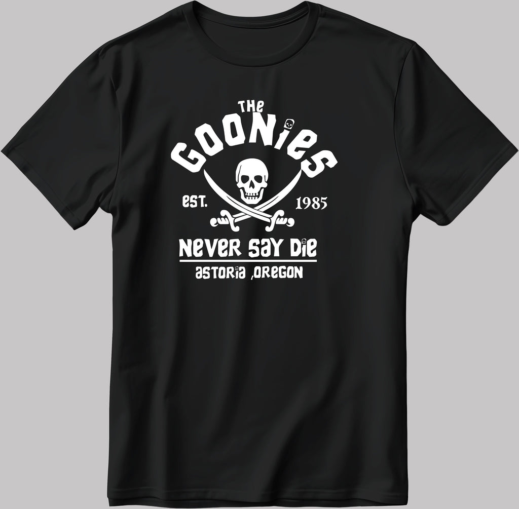 Distressed Goonies Never Say Die, Short Sleeve White-Black Men's / Women's T Shirt K1038