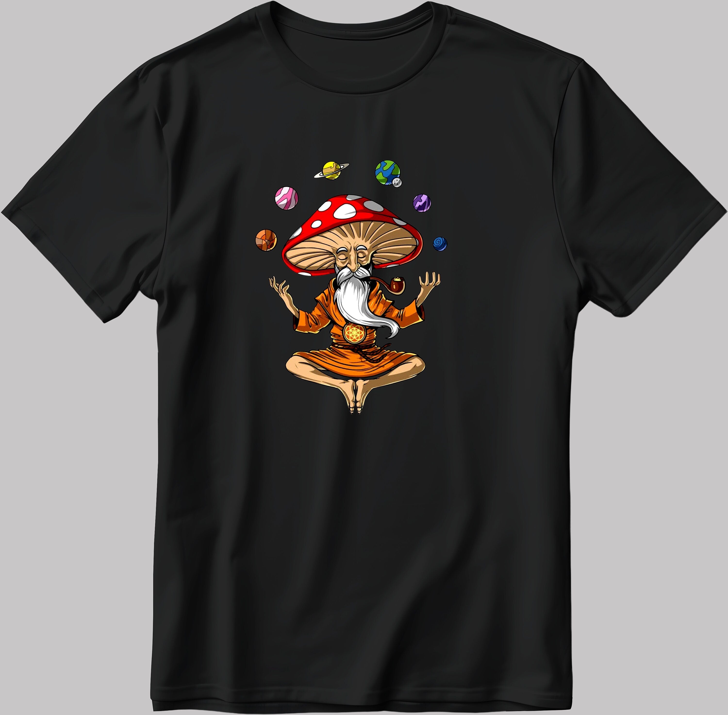 Magic Mushroom Hippie Buddha Sticker Short Sleeve White-Black Men's / Women's T Shirt D392