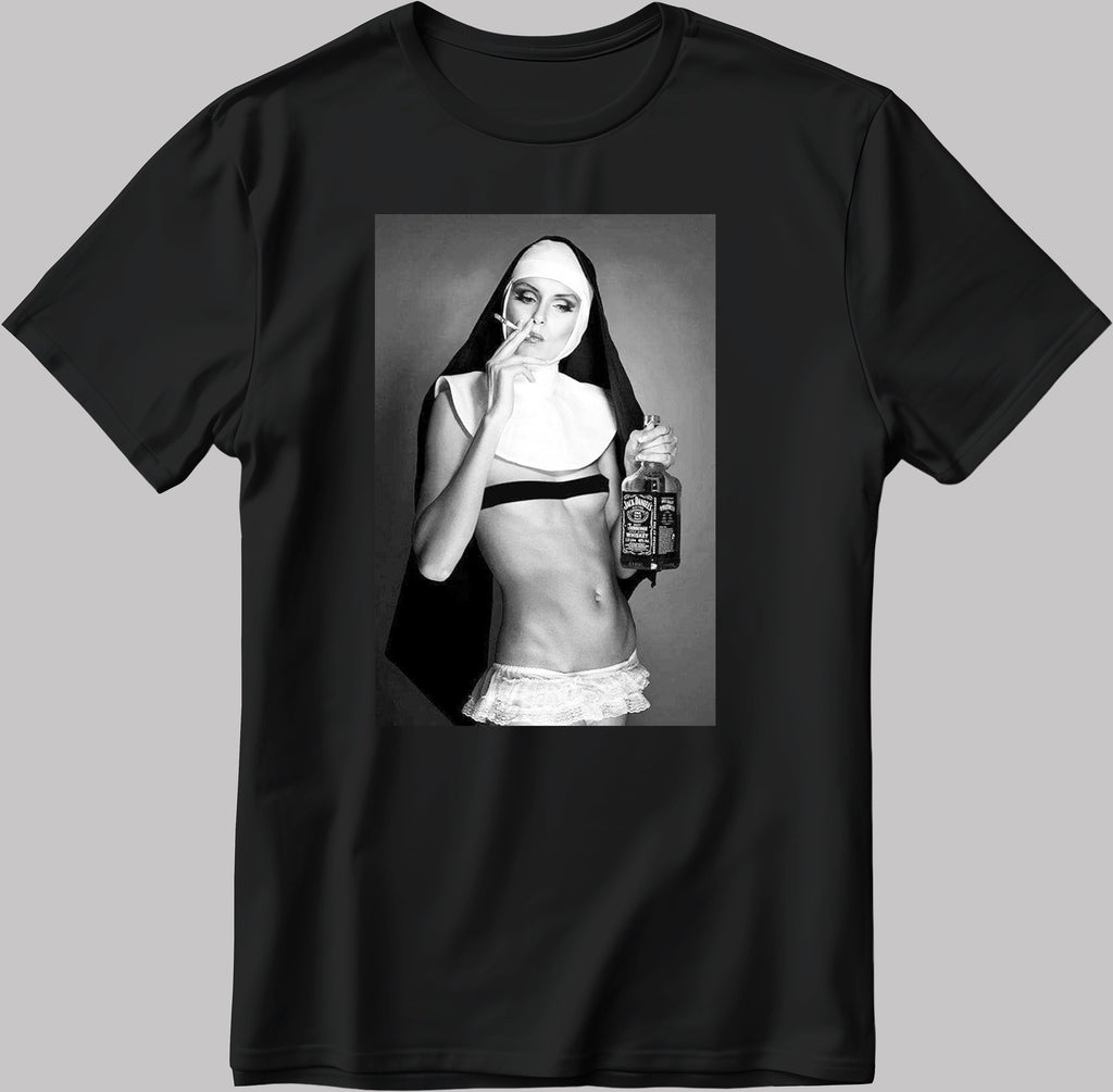 Sexy Smoking Nun Short Sleeve White-Black Men's / Women's T Shirt D393