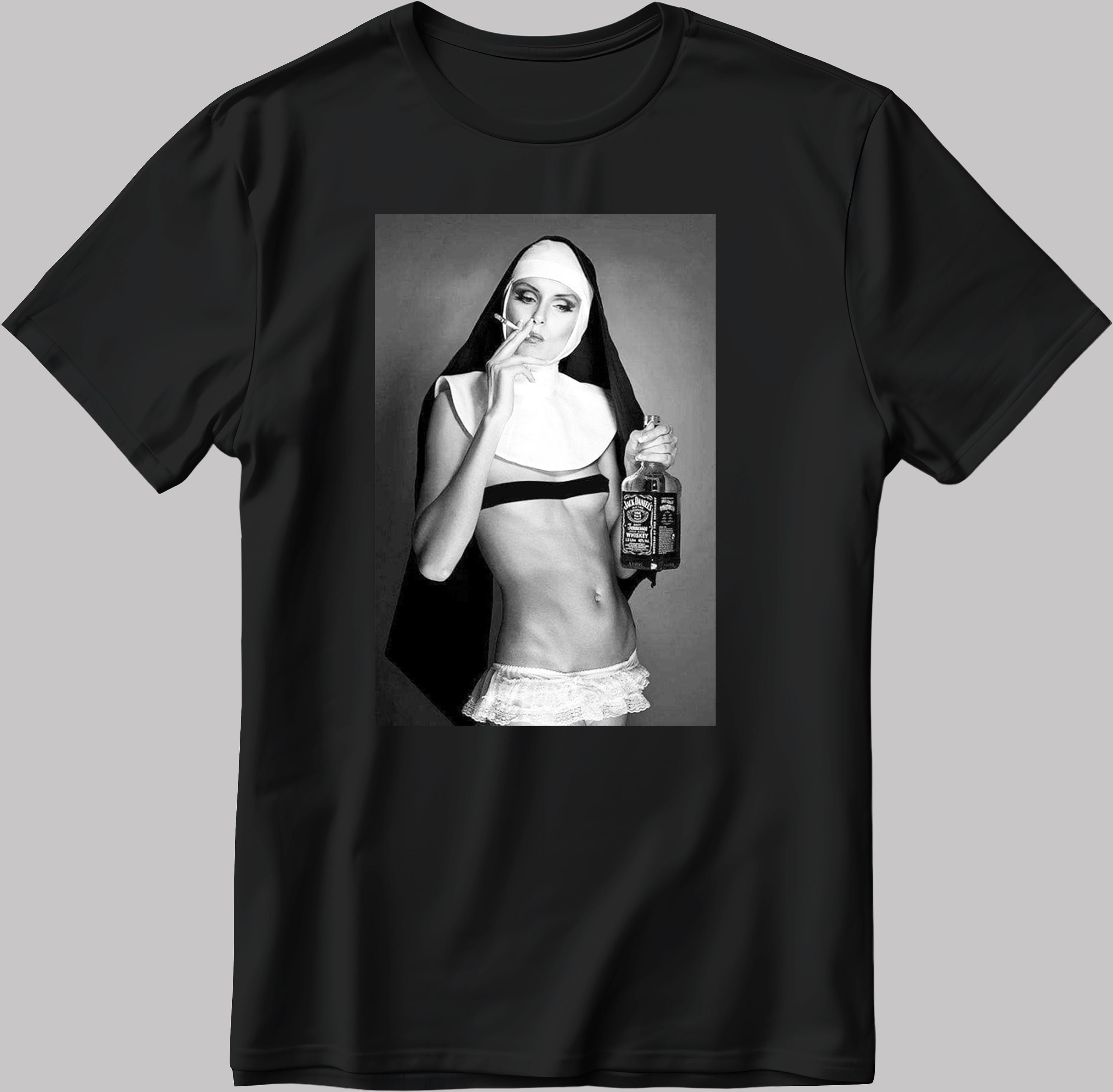 Sexy Smoking Nun Short Sleeve White-Black Men's / Women's T Shirt D393