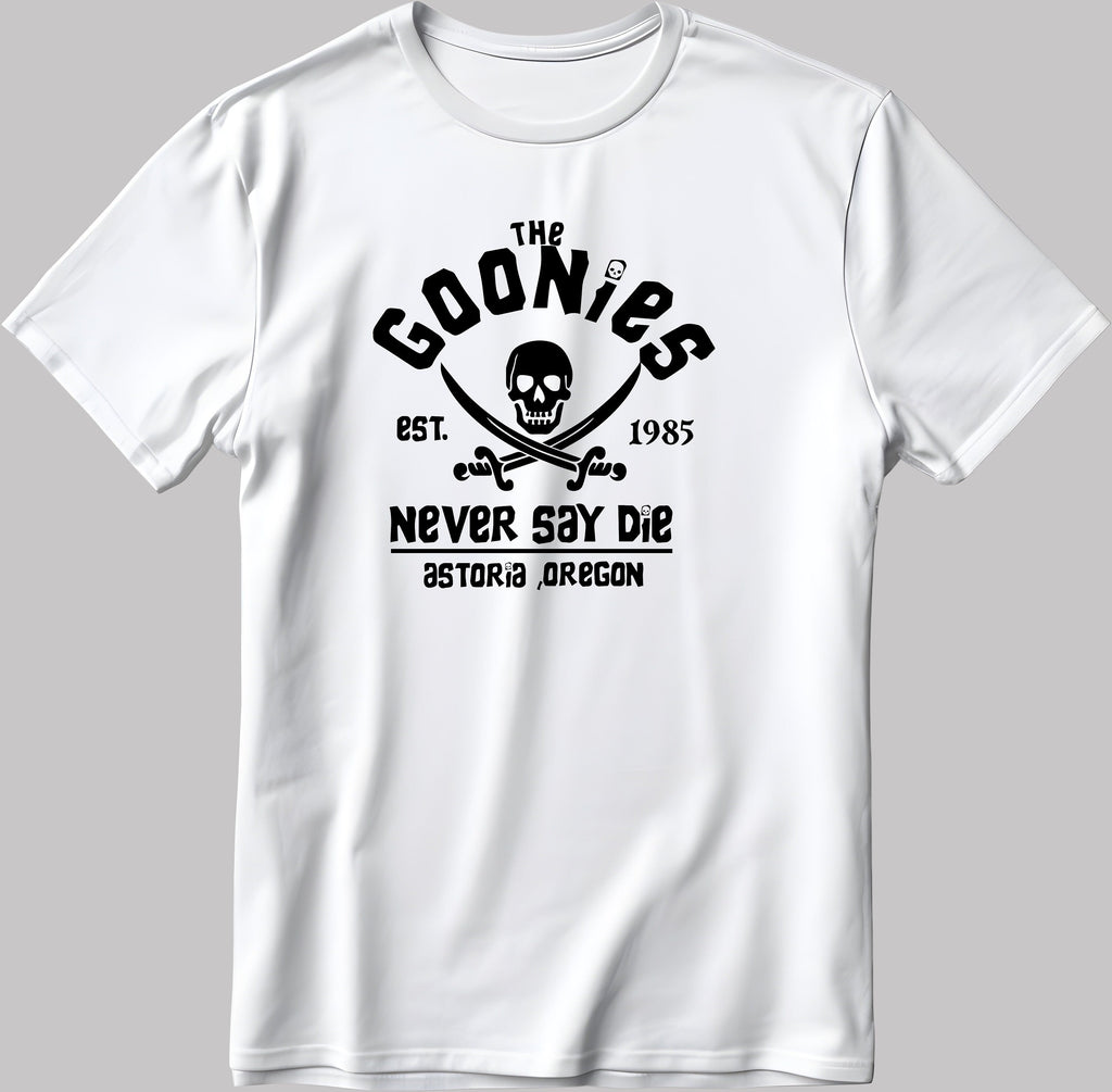 Distressed Goonies Never Say Die, Short Sleeve White-Black Men's / Women's T Shirt K1038