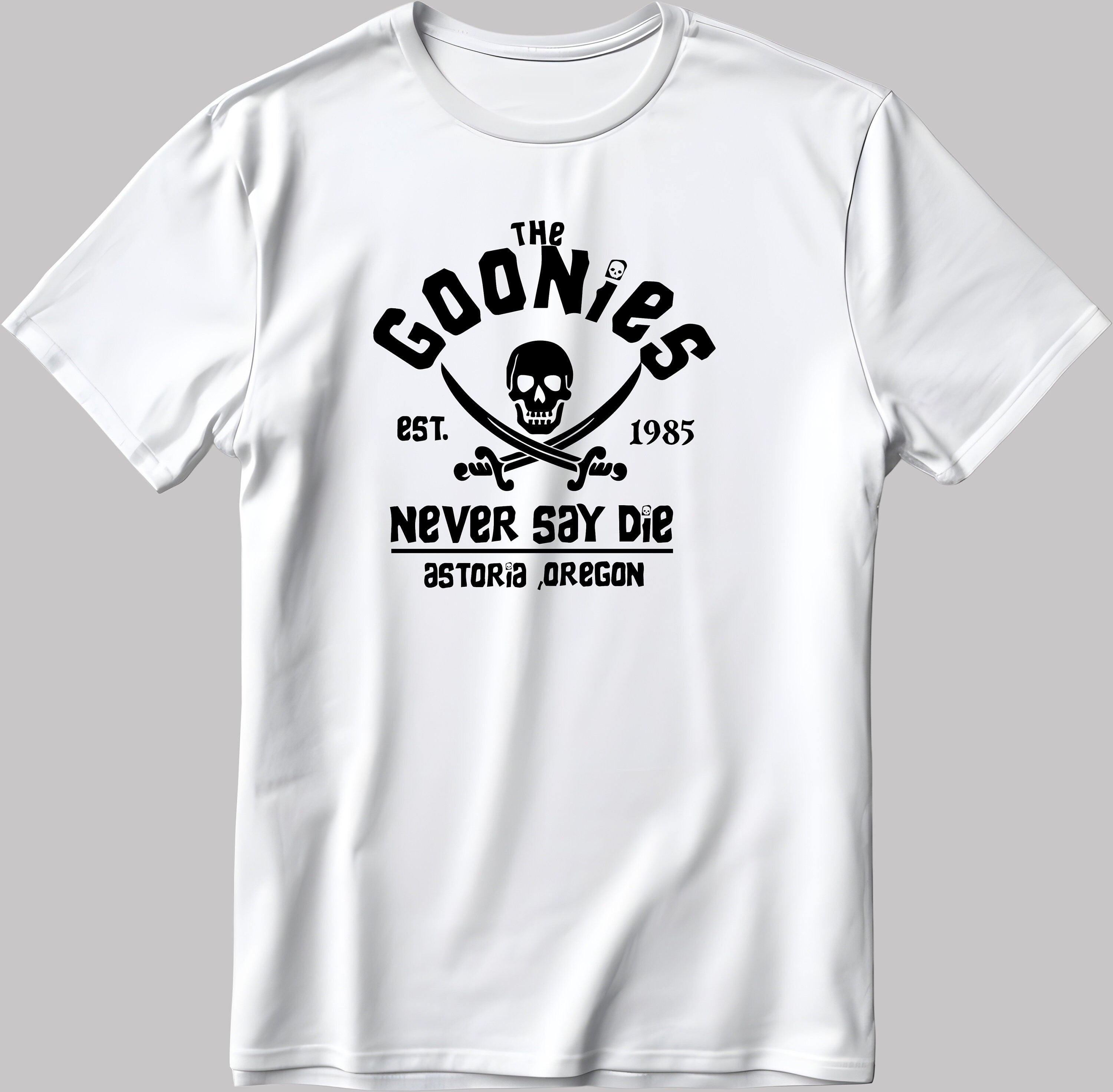 Distressed Goonies Never Say Die, Short Sleeve White-Black Men's / Women's T Shirt K1038