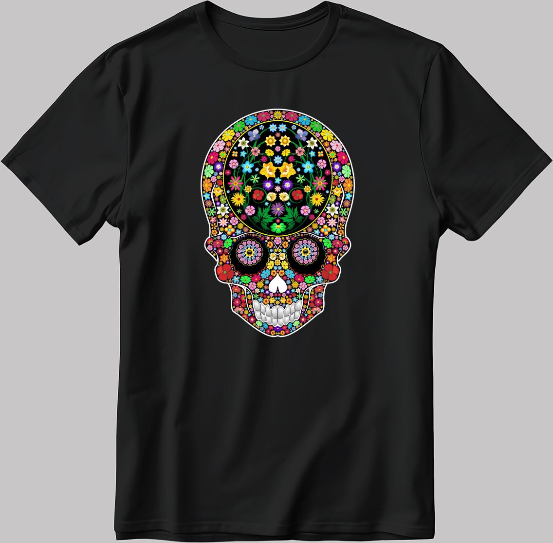 Colorful Happy Skeleton Face Short Sleeve White-Black Men's / Women's T Shirt K1019
