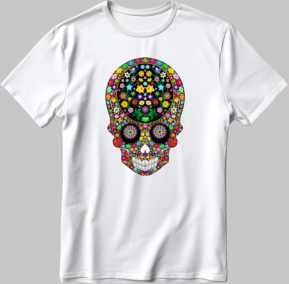 Colorful Happy Skeleton Face Short Sleeve White-Black Men's / Women's T Shirt K1019