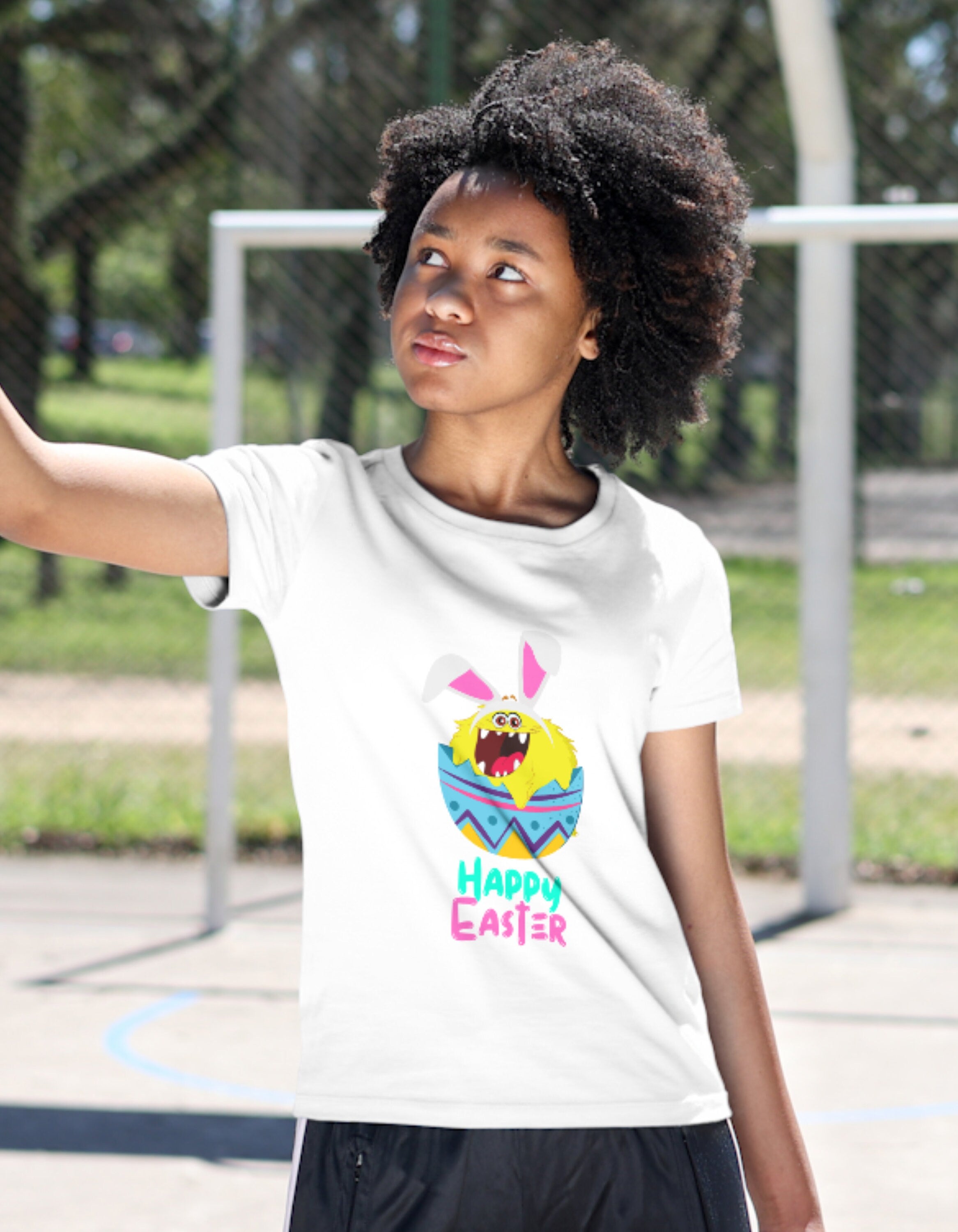 Funny Kids Easter Shirt Monster with Bunny Ears Cotton Tee