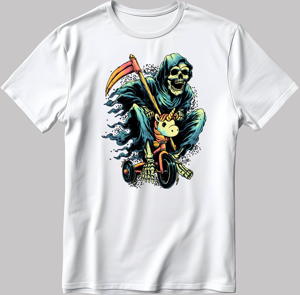 Last Ride Skeleton Riding Unicorn Short Sleeve White-Black Men's / Women's T Shirt N579