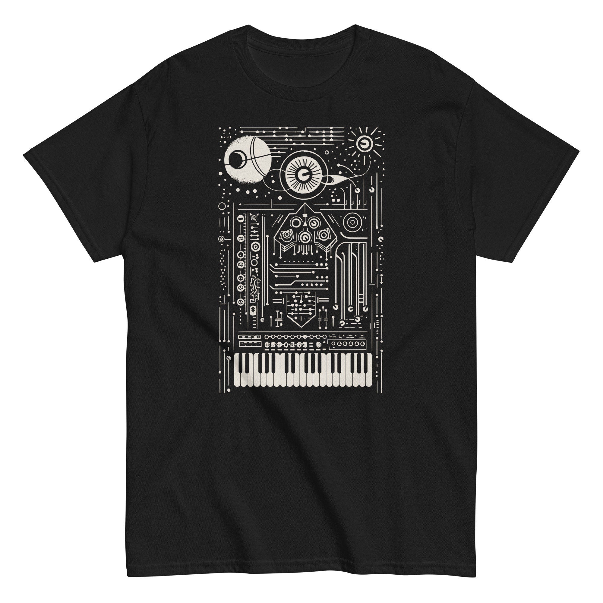 Synth art T-shirt for electronic musician who plays synthesizer