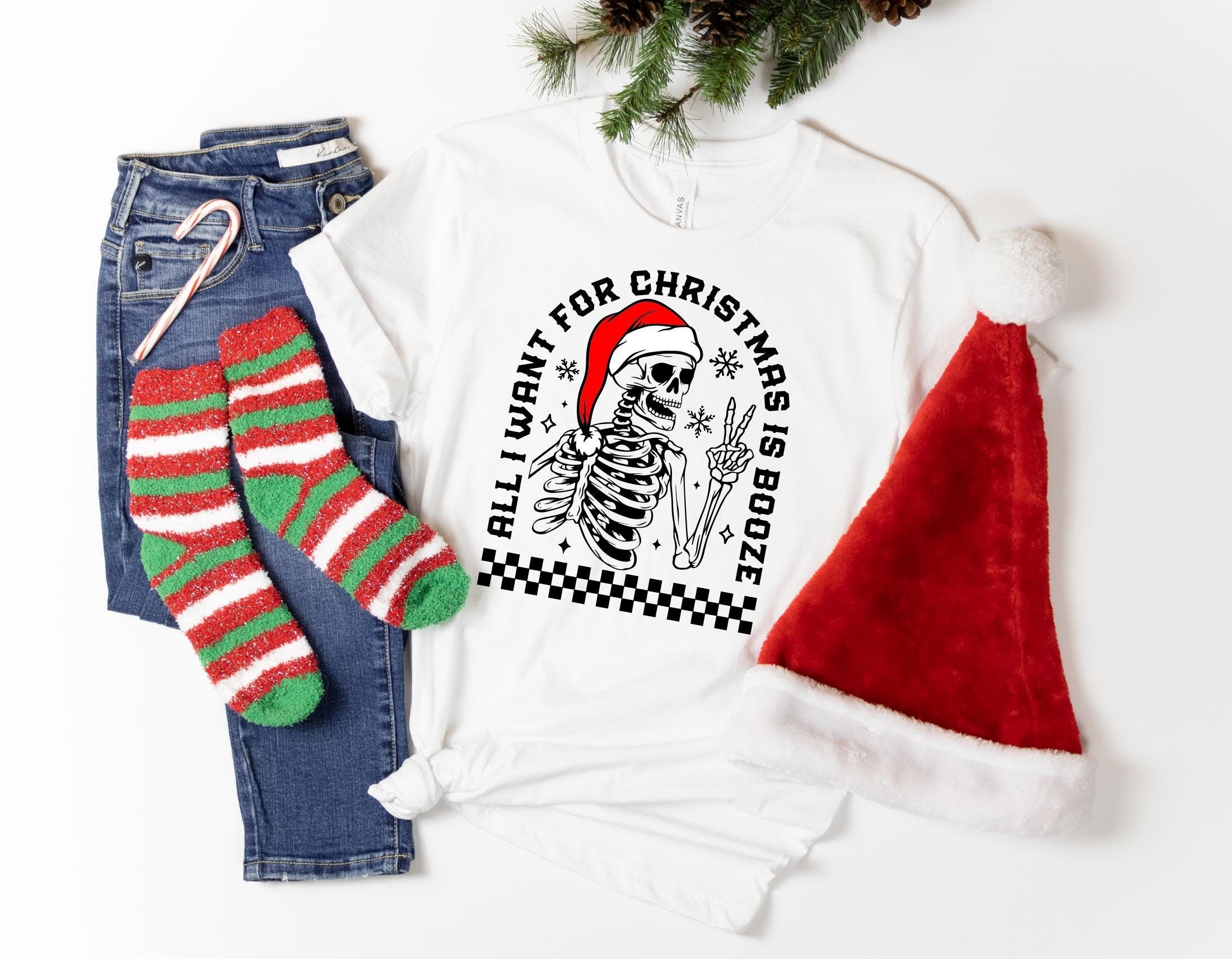 All I Want For Christmas Is Booze Shirt, Funny Drinking Shirt, Skeleton Christmas shirt,  Skeleton Christmas Sweatshirt, Christmas Shirt