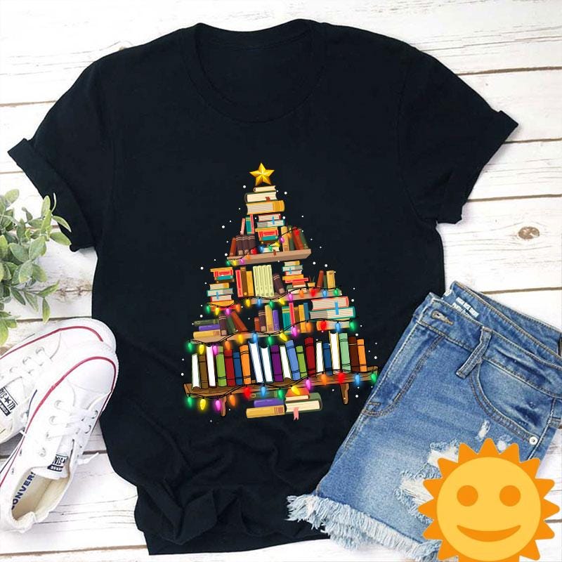 Book Christmas Tree Teacher Vintage T-Shirt, Christmas Shirt, Cute Christmas Gift, Reading Gift Shirt, Book Shirt